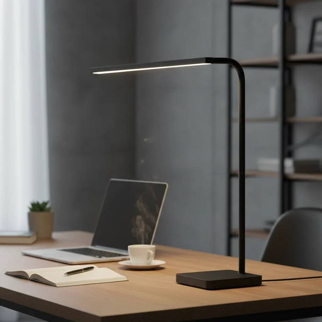 Smart LED desk lamp with adjustable brightness and built-in wireless charging pad on a desk