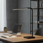 Smart LED desk lamp with adjustable brightness and built-in wireless charging pad on a desk