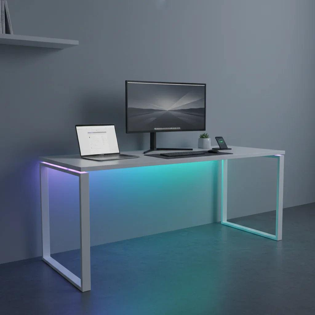 Modern L-shaped desk with Smart Bluetooth RGB LED light strip in a minimalistic room.