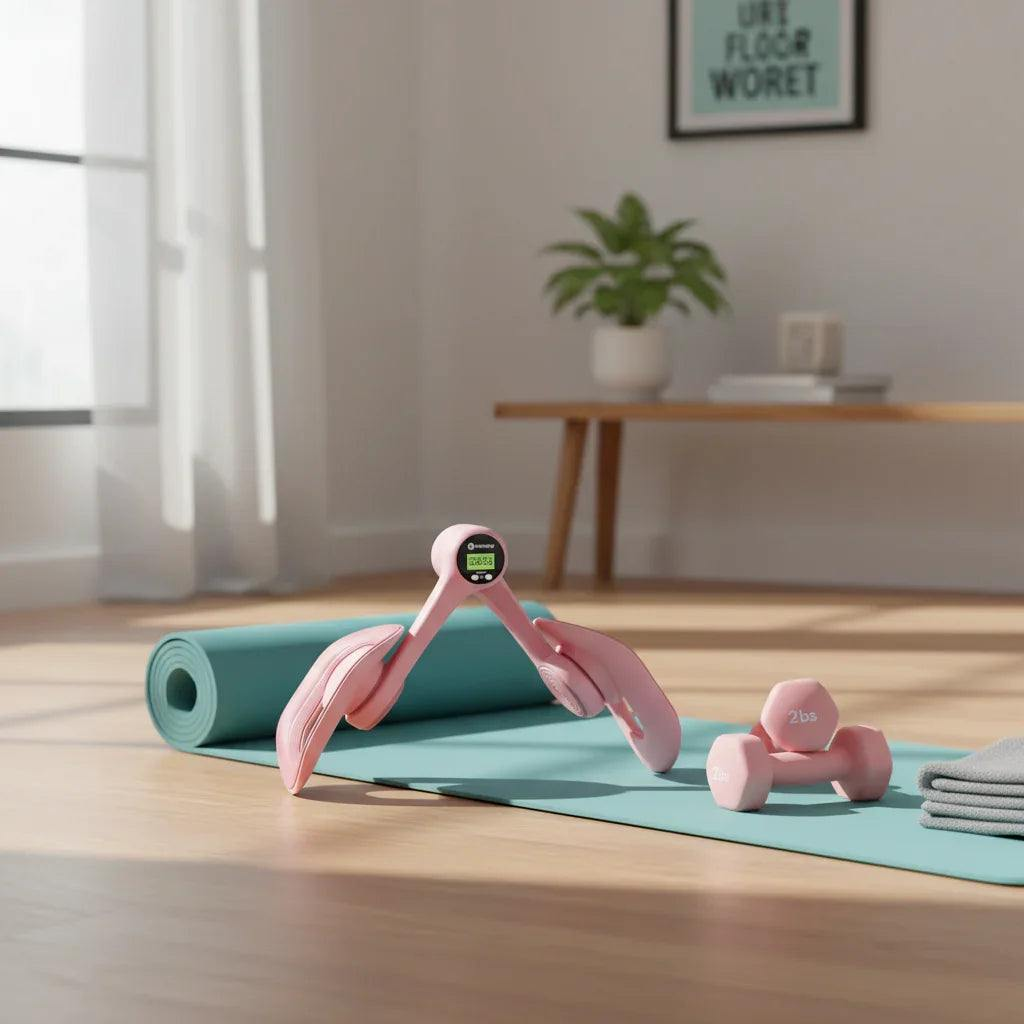 Pink Pelvic Floor Muscle Trainer on a yoga mat in a home setting