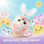 Kids electric toothbrush with soft 360° U-shaped silicone bristles and playful cartoon design for gentle full-mouth cleaning