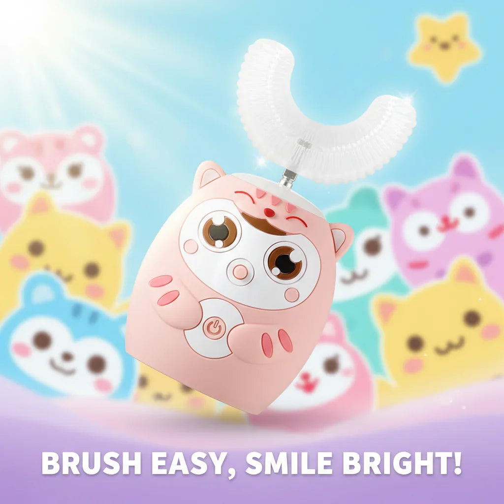Kids electric toothbrush with soft silicone 360° U-shaped brush and fun cartoon design