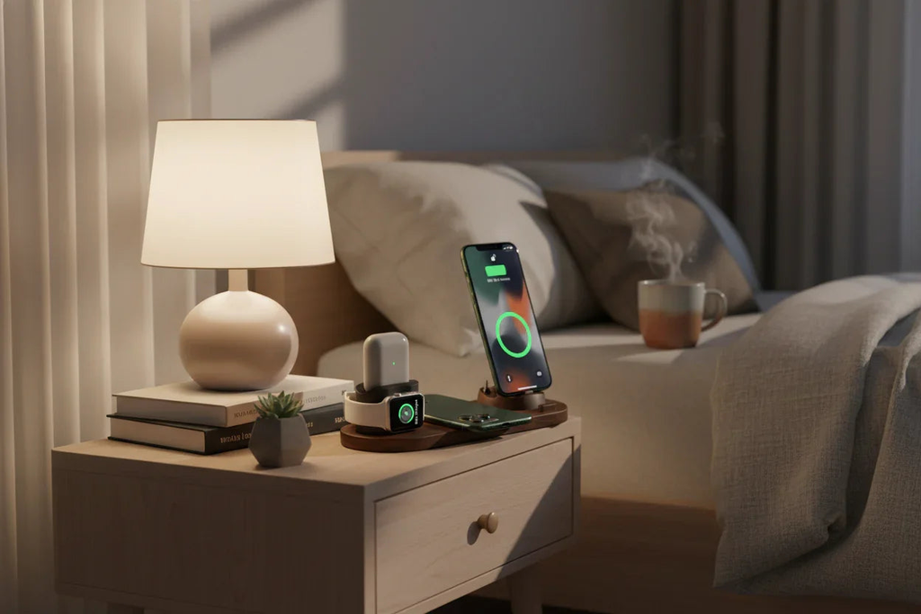 Smartphone on a 6-in-1 wireless charging station on a nightstand next to a lamp and books, with a cozy room setting.