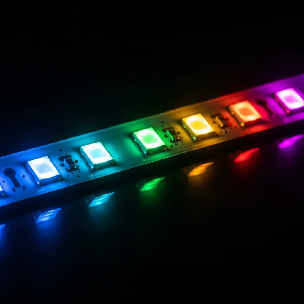 Smart Bluetooth RGB LED light strip with music sync and smartphone app control for customizable indoor ambient lighting
