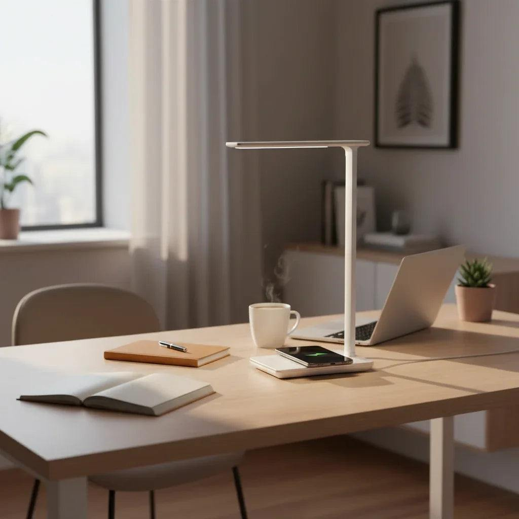 Modern desk setup with a smart LED desk lamp with wireless charging, laptop, notebook, and cup in a home office.