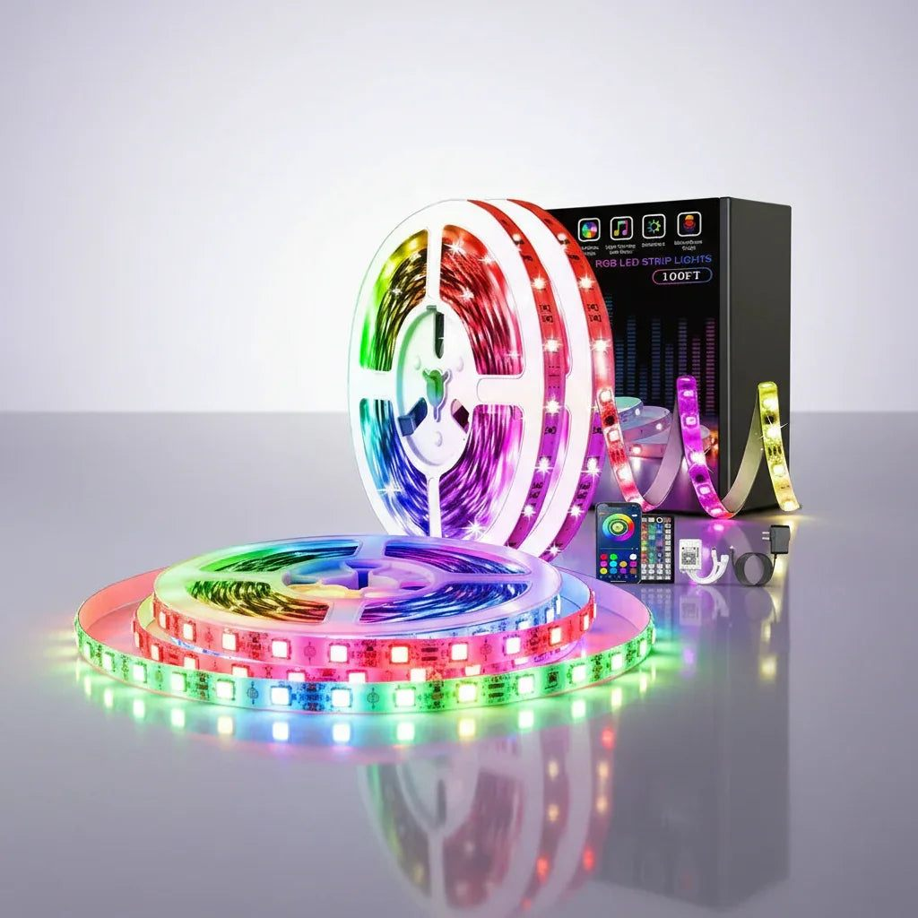 Smart Bluetooth RGB LED light strip with packaging and remote control on a reflective surface.