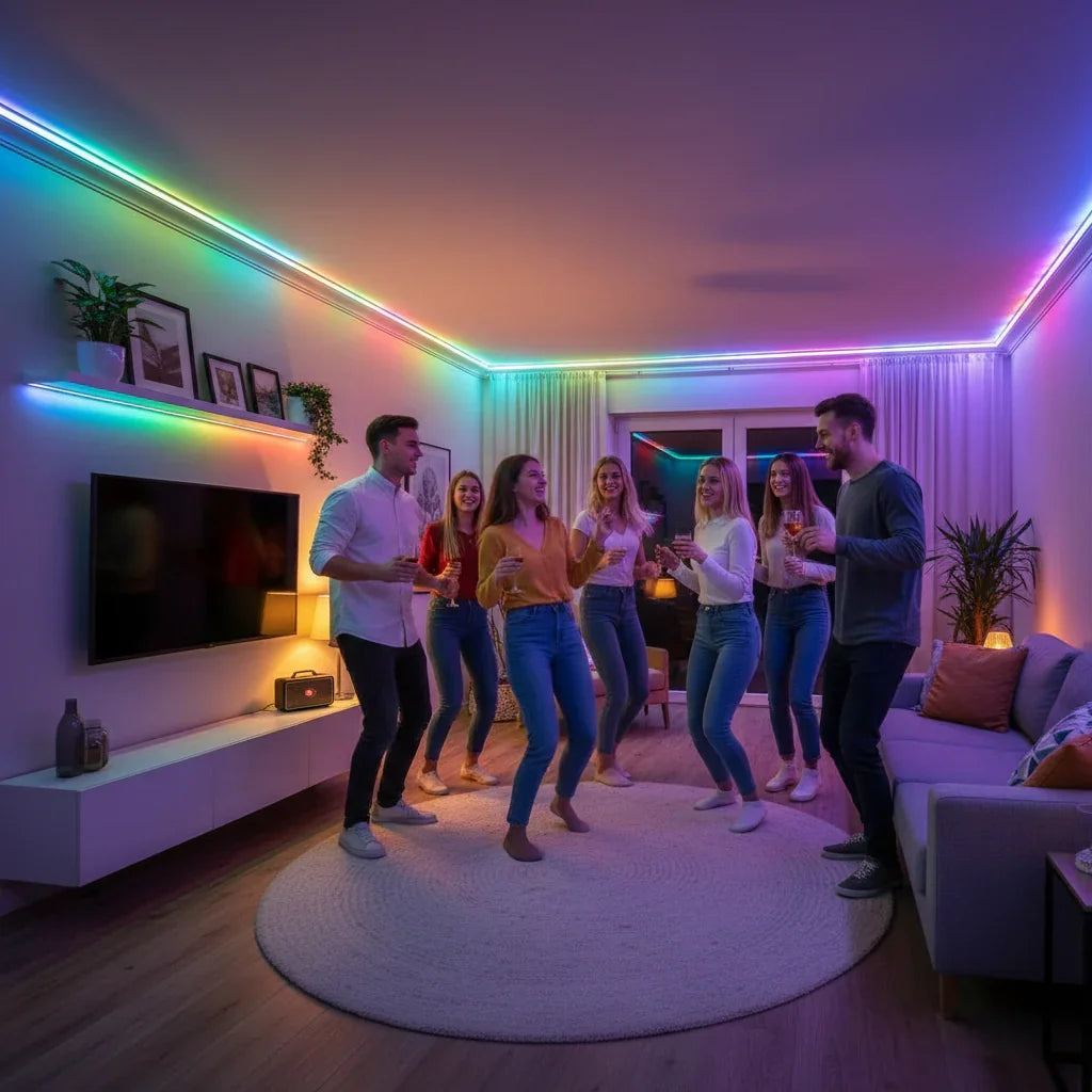 Group of people dancing in a living room with colorful Smart Bluetooth RGB LED light strips.