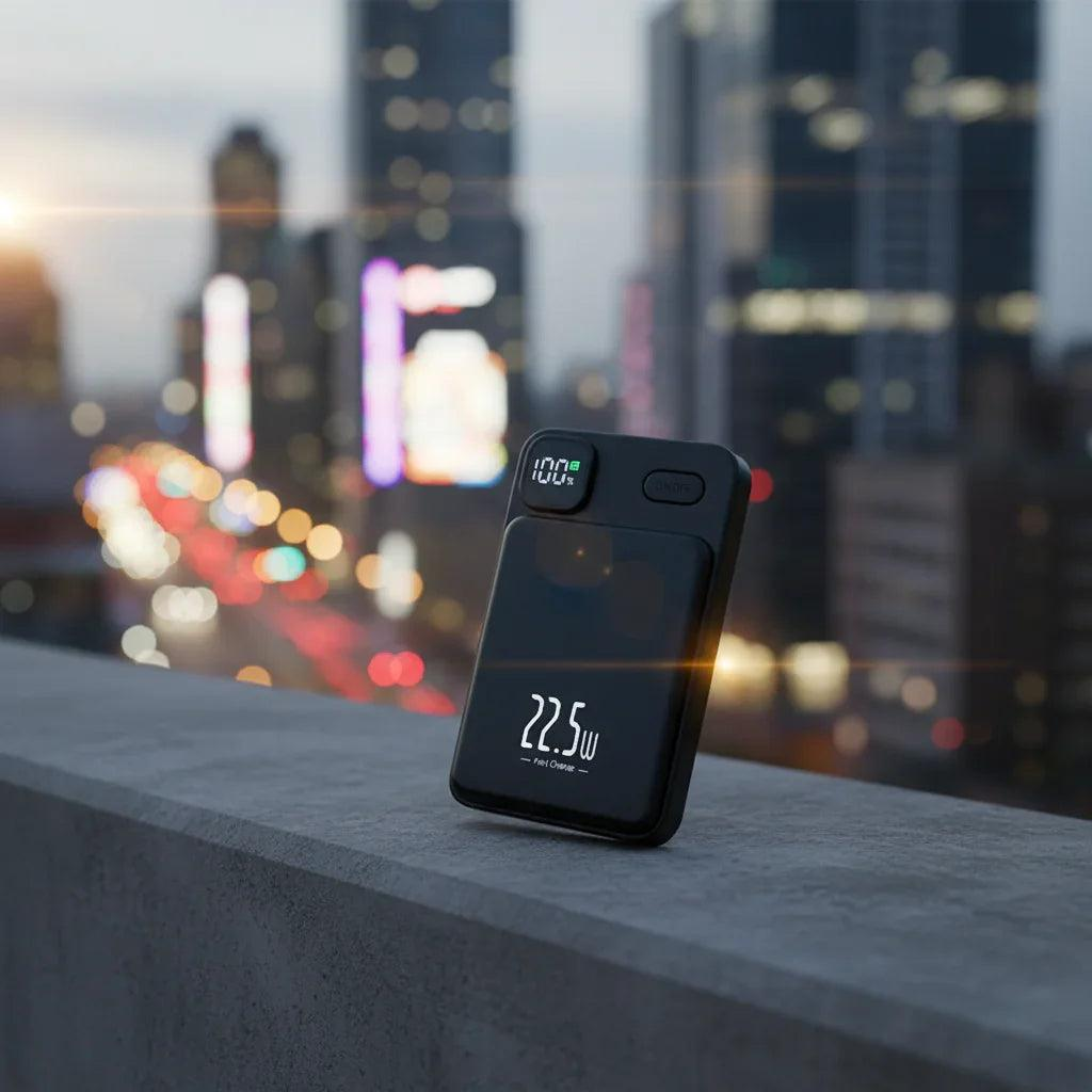Gadgetryo PowerSnap Magnetic Wireless Power Bank displaying 22.5W fast charge on a city skyline background.