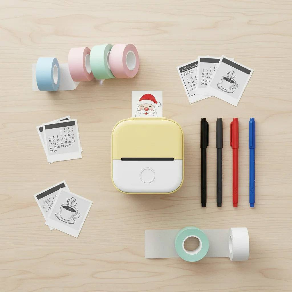 Small yellow and white Portable Mini Thermal Label Printer with stationery items on a wooden surface