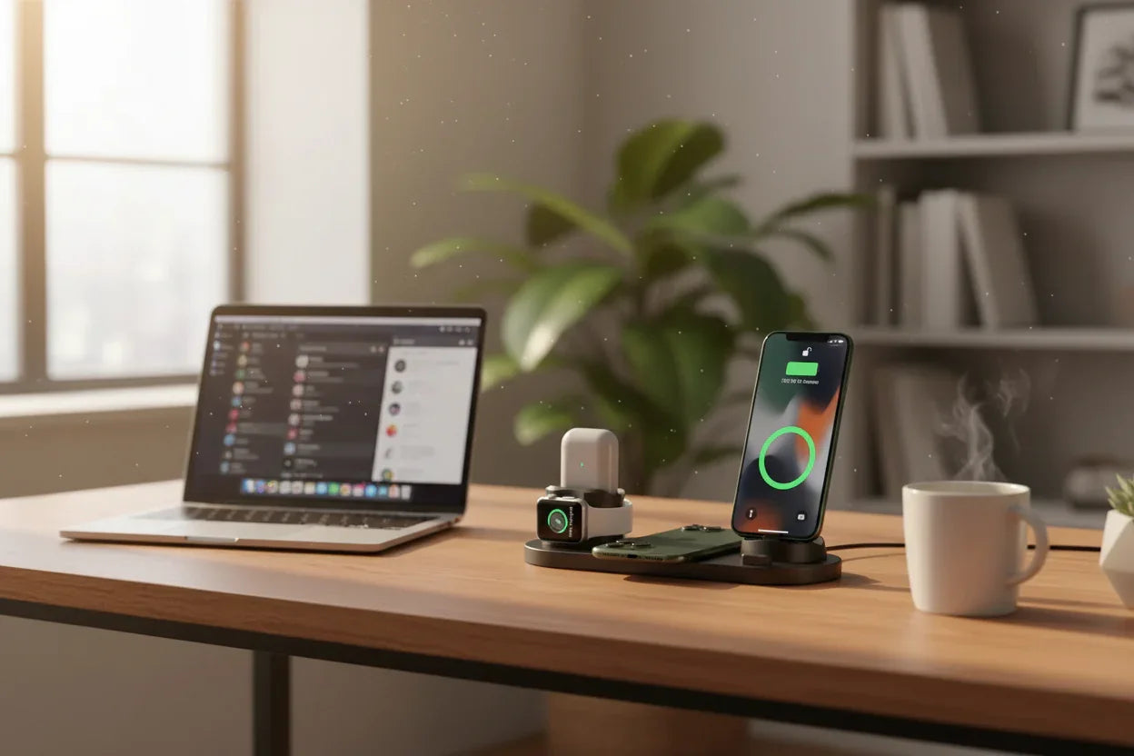 Desk setup with 6-in-1 wireless charging station, laptop, smartphone, and coffee cup in a home office setting