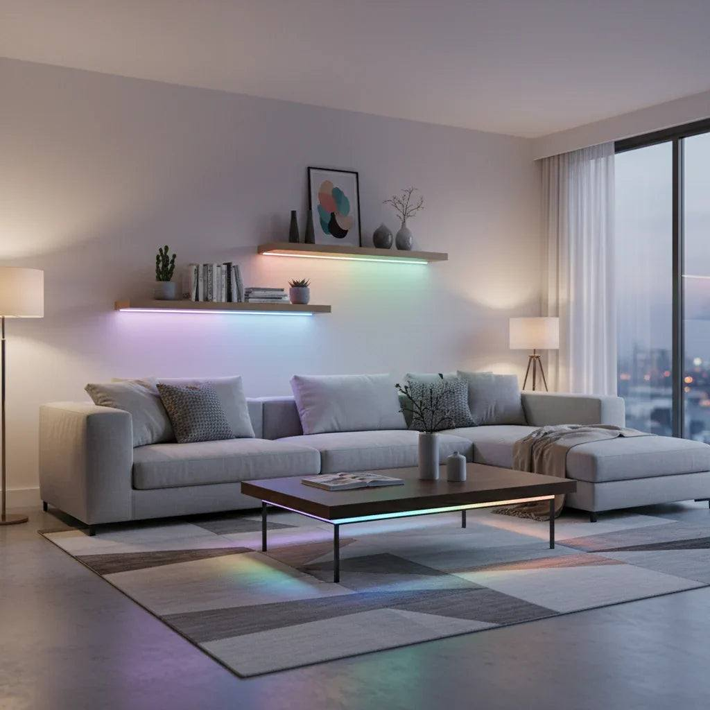 Modern living room using Smart Bluetooth RGB LED light strip with a gray sectional sofa, coffee table, and decorative elements.