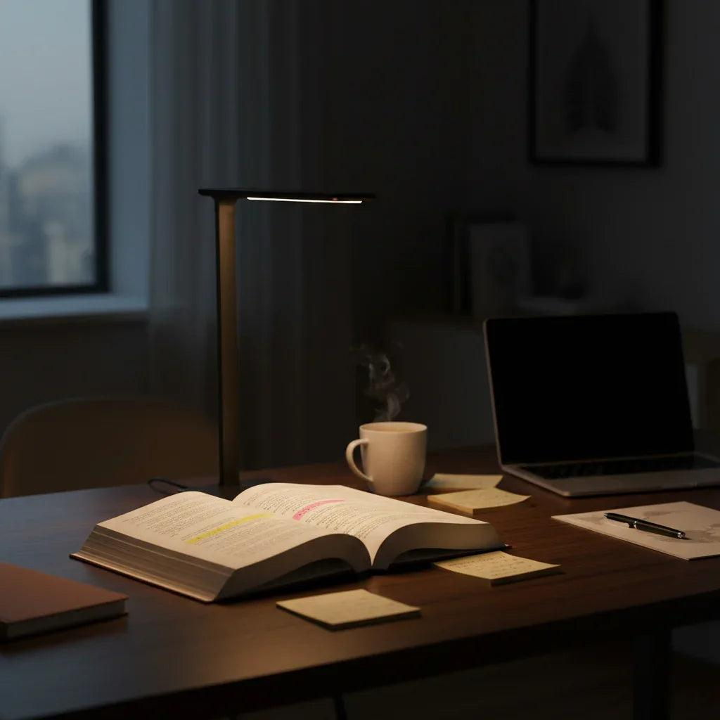 Dark room with a desk featuring an open book, coffee cup, laptop, and smart LED desk lamp with wireless charging.
