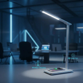 Smart LED desk lamp with adjustable brightness and wireless charging surface on a modern desk