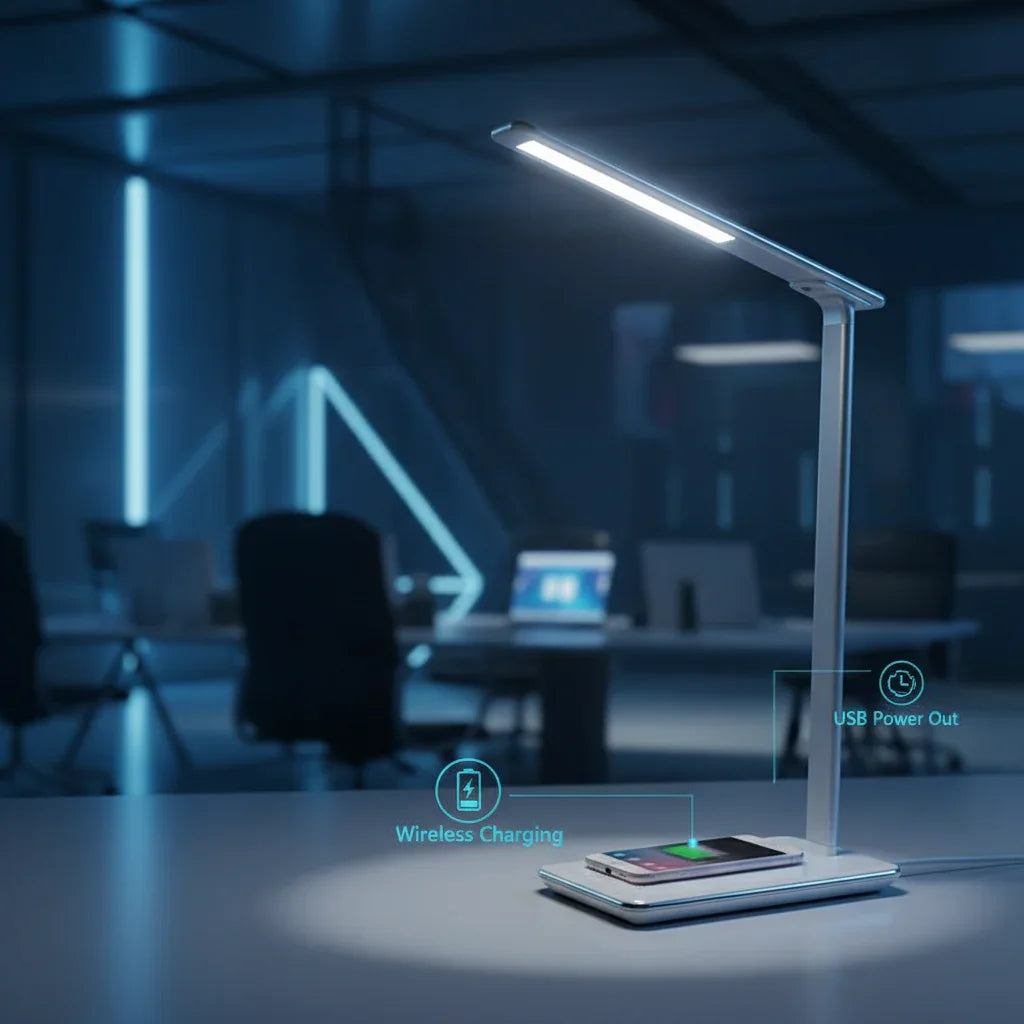 Modern smart LED desk lamp with wireless charging pad on a blurred office background